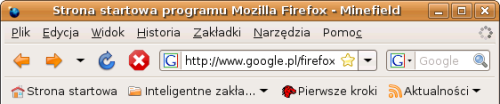 Ikony są pobierane z domyślnego GNOME-owego motywu. Firefox 3.0 po chwili używania, strona w trakcie ładowania, dodana wcześniej do zakładek. Wszystkie przyciski są w swoim kolorze. Wstecz i Do przodu są zielone, Odśwież niebieski, Zatrzymaj czerwony