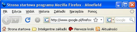 Firefox 3.0 po pierwszym uruchomieniu na nowym profilu. Przyciski Wstecz, Do przodu i Zatrzymaj są wyszarzone. Wersja dla Windows