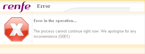 Komunikat: Error in the operation... The process cannot continue right now. We apologise for any incovenience (G001)
