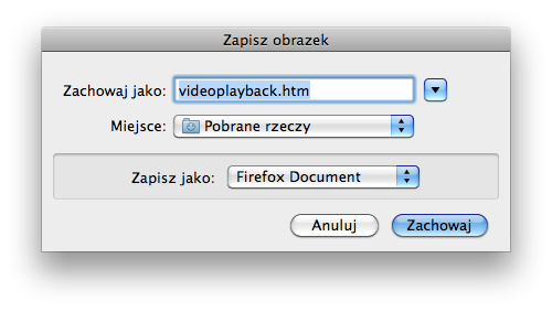 Okno zapisywania pliku z zaznaczoną nazwą videoplayback.htm